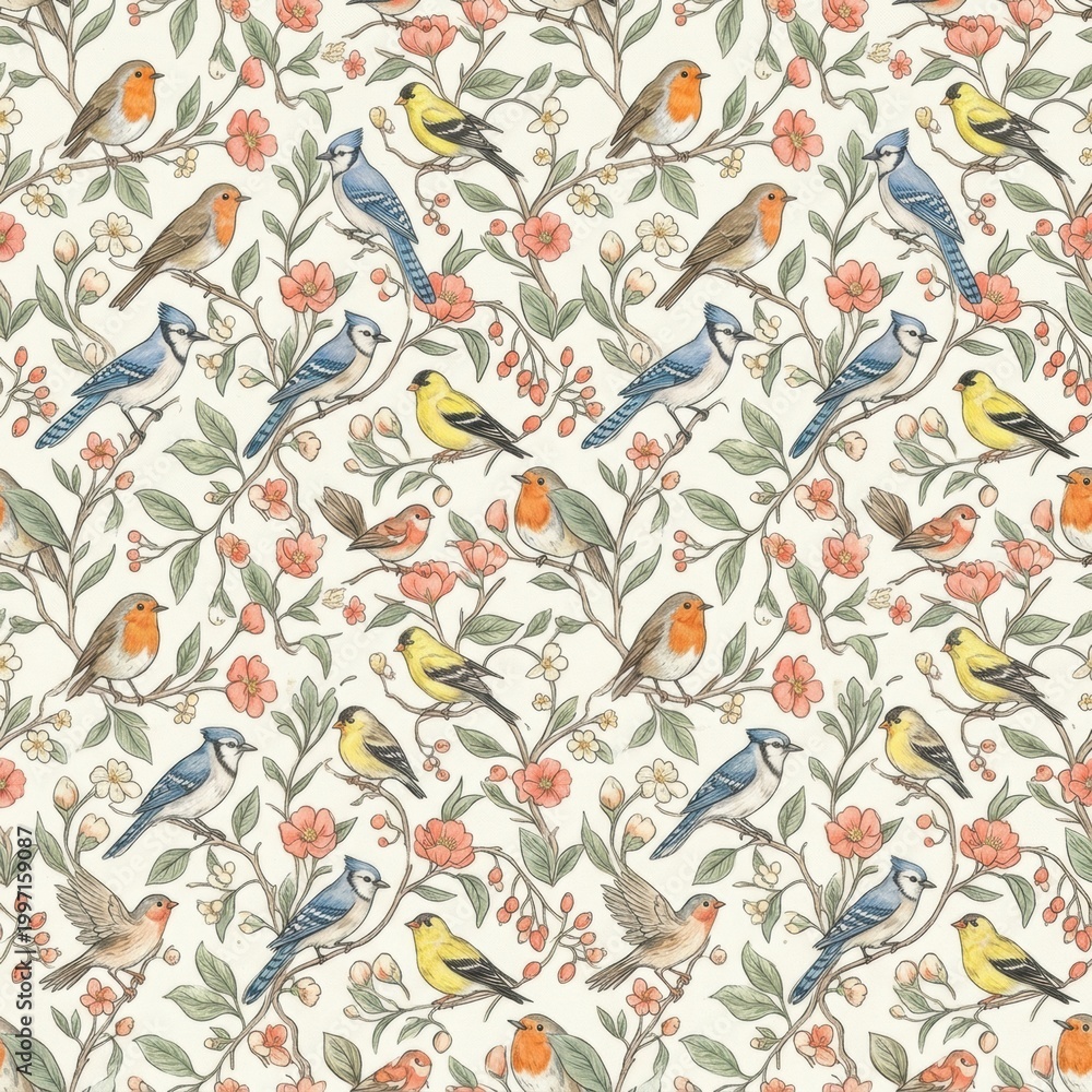 Fototapeta premium Birds Perched on Branches Surrounded by Flowers in a Natural Setting During a Bright Day