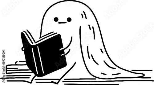 Ghost character reading book beside stack of books on floor