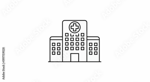 A minimalist outline drawing of a modern medical facility with a central building