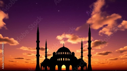 Mosque Silhouette at Twilight with Stars and Moving Clouds - Islamic Architecture Sunset Timelapse
