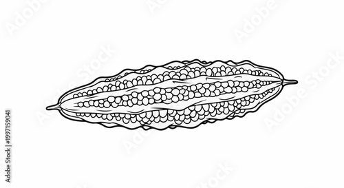 A line drawing of a long, segmented, bumpy gourd, with seeds visible within