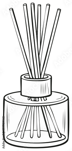 Stylized line art of an aromatherapy reed diffuser for home fragrance and relaxation