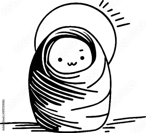 Swaddled infant with halo standing on simple ground