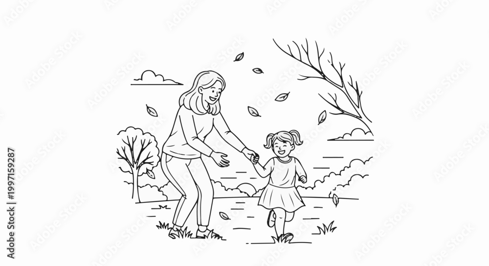 Obraz premium A happy mother and daughter run hand-in-hand outdoors with falling leaves