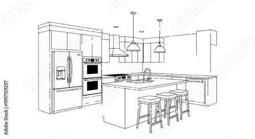 A modern kitchen with a central island and seating