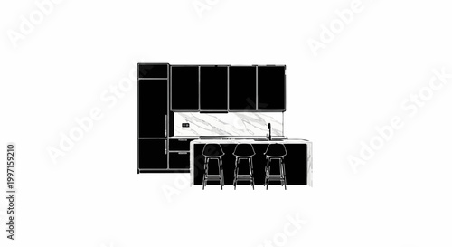 A modern kitchen with dark cabinets, a marble backsplash, and three bar stools