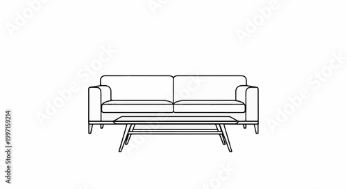 A modern, minimalist line drawing of a two-seater sofa with a low coffee table