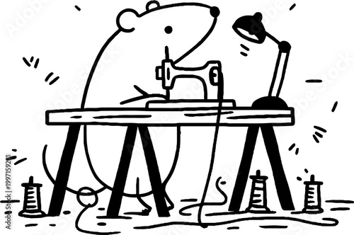 Mouse sewing with sewing machine at wooden work table