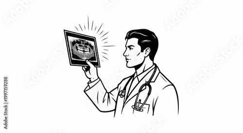 A medical professional examines dental x-rays with a glowing presentation