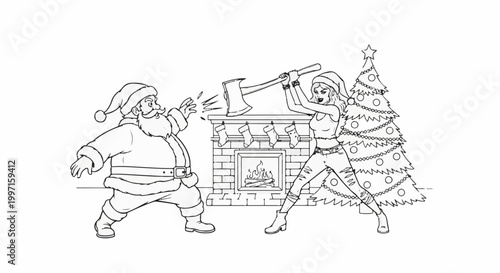 A menacing figure attacks Santa Claus with an axe near a fireplace and Christmas tree