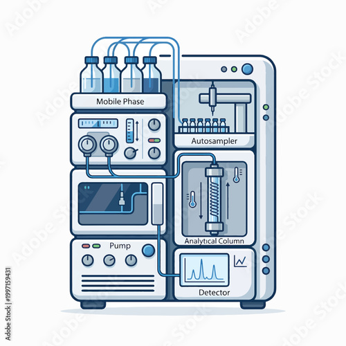 Illustration of a High-Performance Liquid Chromatography (HPLC) system, showing mobile phase, autosampler, analytical column, pump, and detector.