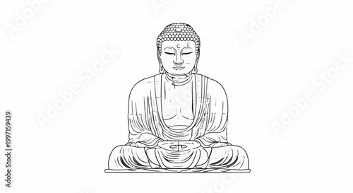 A monochrome sketch of a seated serene Buddha figure with detailed robes