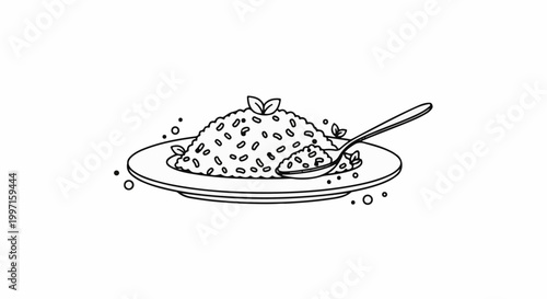 A line drawing of a mound of rice on a plate with a spoon and some herb garnish
