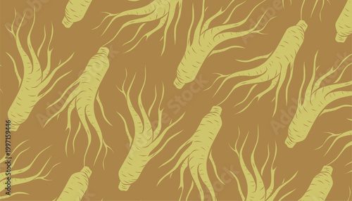 Ginseng Seamless Pattern. Handdrawn Root Illustration. Herbal Botanical Background. for Packaging Textile Design