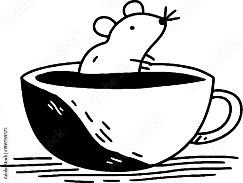Mouse emerging from coffee cup on tabletop line drawing