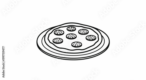 A simple black and white line drawing of a pepperoni pizza on a plate