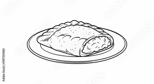 A line drawing of a pastry on a plate, with filling visible
