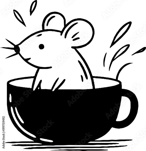 Mouse sitting in teacup with splashes on tabletop line drawing