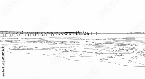 A line drawing of a pier extending into the ocean with waves hitting the shore