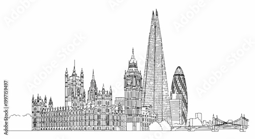 A monochrome sketch of iconic London buildings, including Parliament, Big Ben, and skyscrapers