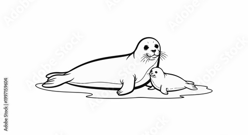 A mother and baby seal resting on an ice floe