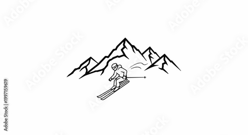 A minimalist black and white line drawing of a skier descending a snowy mountain