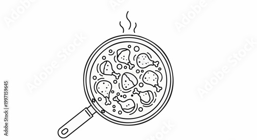 A line drawing of chicken pieces cooking in a frying pan