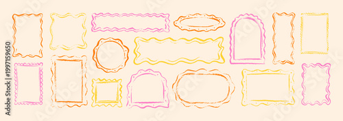 Crayon doodle scalloped edge frame set. Cute kid text box. Hand drawn squiggle wavy rectangle, oval, square, circle, arch shape boarder. Zigzag curvy crayon childish borders, picture, photo frames