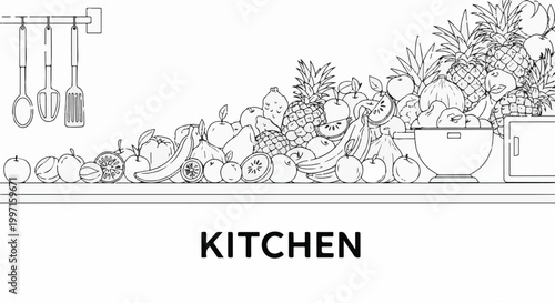 A line drawing of kitchen utensils and a bountiful display of various fresh fruits