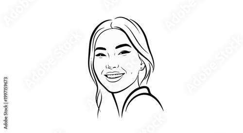 A minimalist black and white line drawing of a young woman smiling brightly