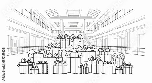 A line drawing of many gift boxes with ribbons in a shopping mall