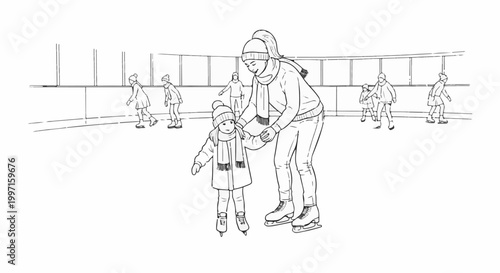 A mother helps her young child learn to ice skate at an indoor rink