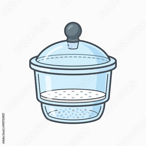 A clear glass container with a lid, a perforated tray, and a base filled with small beads, resembling a humidifier or desiccant.
