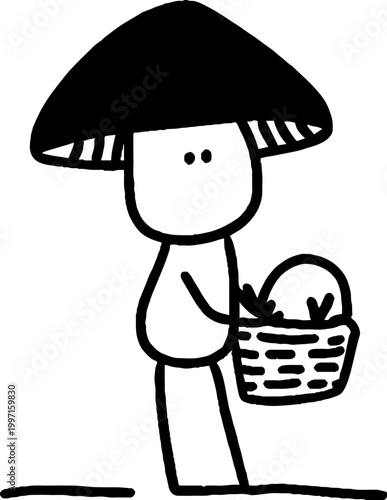 Mushroom figure holding basket standing on white background