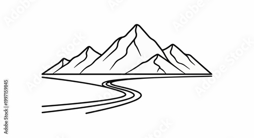 A line drawing shows a winding path leading to a range of majestic mountains
