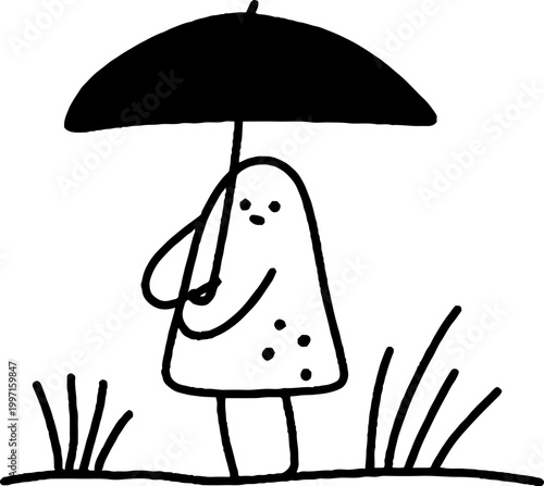 Mushroom character holding umbrella on grassy ground