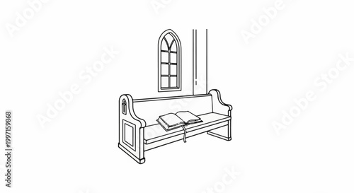 A line drawing shows a wooden bench with an open book placed upon it, near a window