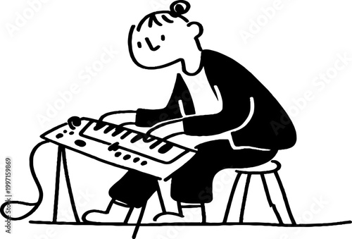 Person playing electronic keyboard while seated on stool