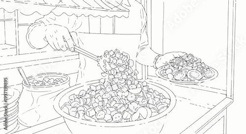 A line drawing shows hands preparing chopped food from a large bowl