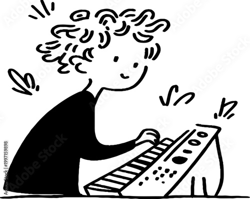 Child playing small synthesizer on white background surface