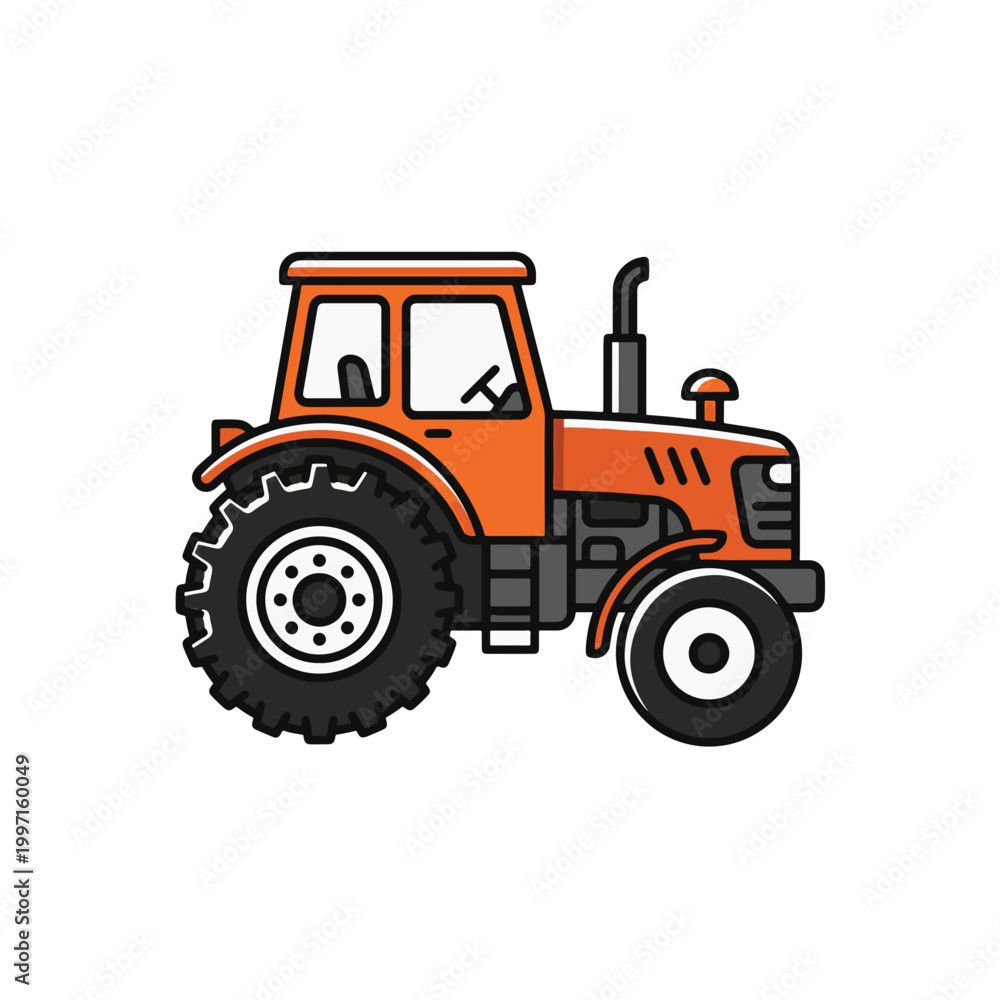 Fototapeta premium A stylized orange tractor with large rear wheels and smaller front wheels, depicted in a clean, vector art style on a white background.
