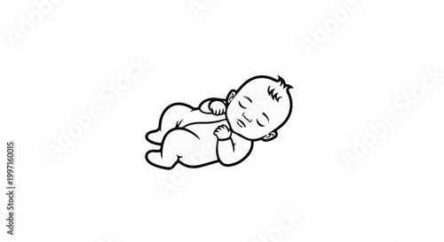A simple black and white line drawing of a sleeping baby curled on its side