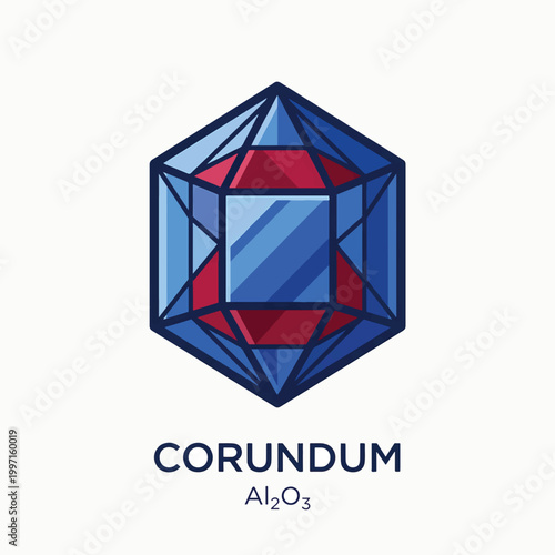 Geometric crystalline structure with blue and red facets, labeled CORUNDUM and Al₂O₃.