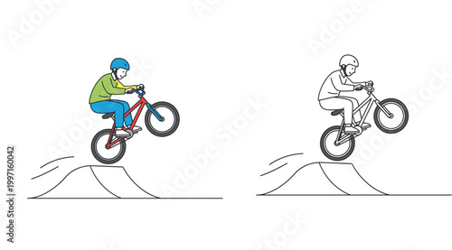 BMX bike rider performing a jump stunt over a ramp, featuring side-by-side colorful flat design and black and white line art outline vector illustration.