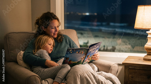 Mother reading bedtime story with soft lamp light