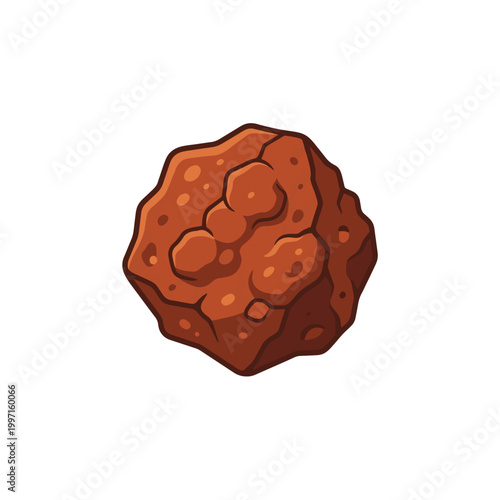 A stylized, cartoonish, irregular-shaped, brown asteroid with a rough, textured surface and distinct lumps.