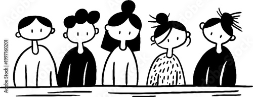 Five people standing in row behind simple service counter