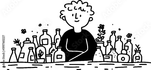 Person seated among bottles and plants on countertop
