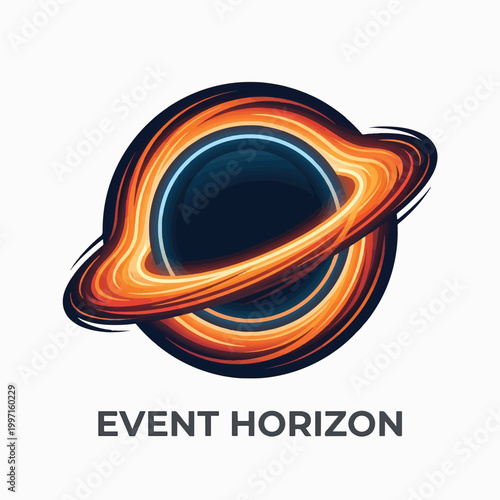 A stylized black hole with an accretion disk of orange and yellow light, set against a dark background. The text EVENT HORIZON is beneath it.
