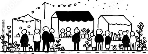 People browsing booths at outdoor market with plants